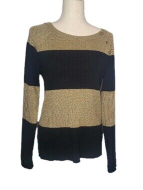 Lauren Ralph Lauren Gold Black Striped  Ribbed Sweater Functional Shoulder butto